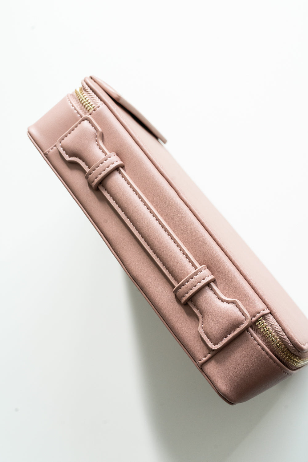 Dusty rose vegan leather calligraphy travel case with gold zipper, portable storage for pens and supplies