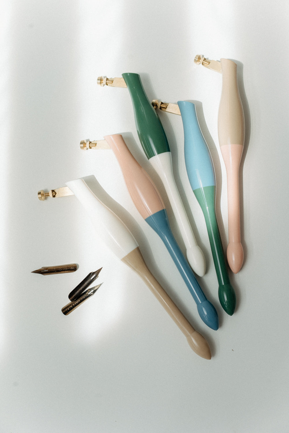 Modern oblique calligraphy pen holders in multiple colors with interchangeable pointed pen nibs from Written Word Calligraphy.