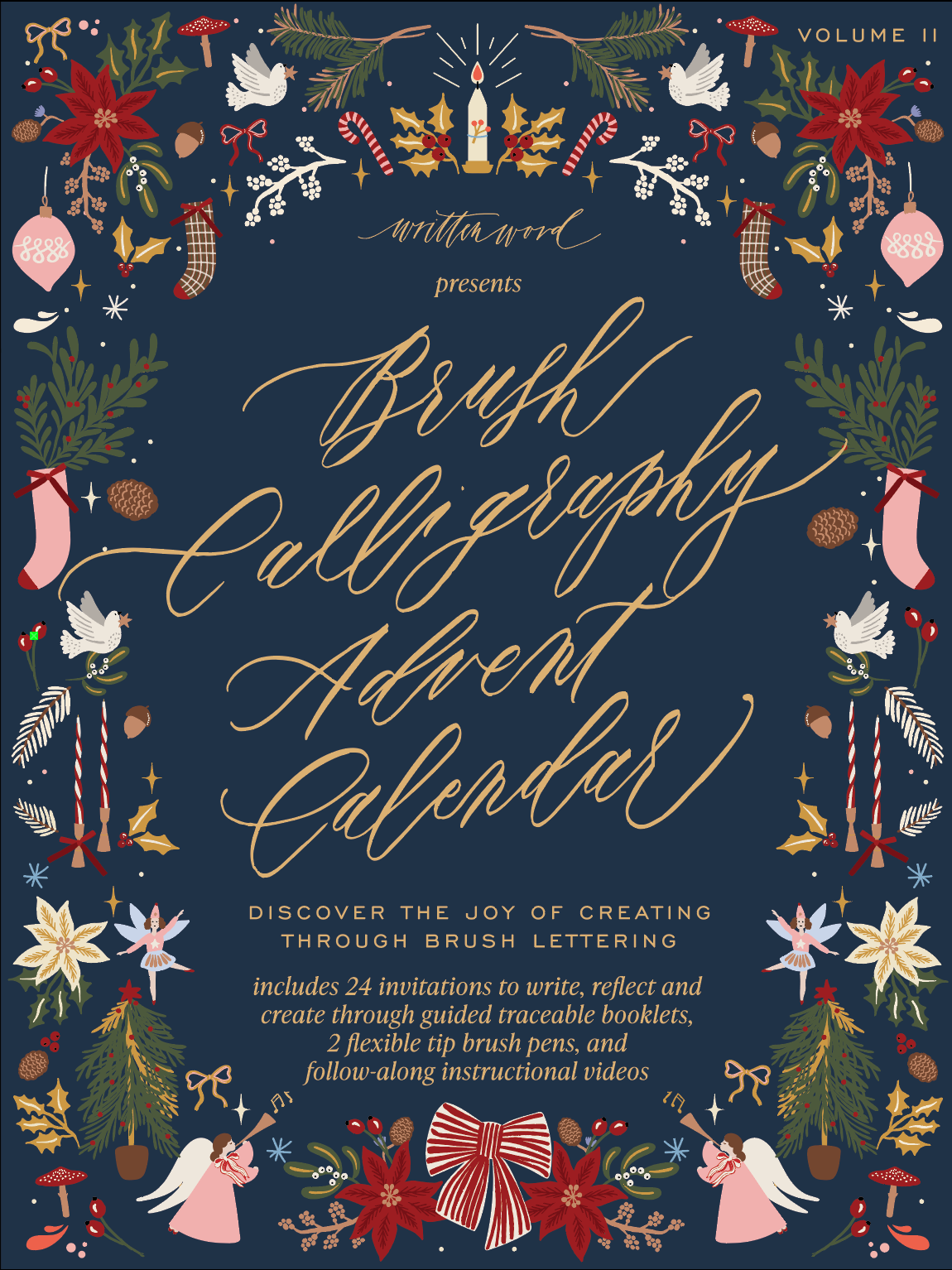 Brush Calligraphy Advent Calendar Volume II cover by Written Word, navy background with gold script lettering, festive illustrations of poinsettias, doves, angels, candles, stockings and ornaments