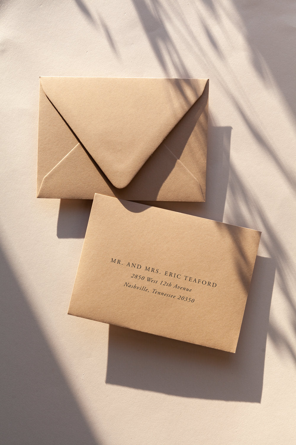 Calligraphy addressed kraft envelope for wedding invitations, modern minimalist stationery and hand lettering