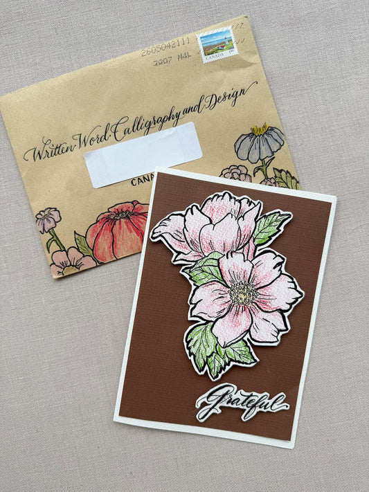 Hand lettered floral greeting card with illustrated envelope and modern calligraphy snail mail artwork