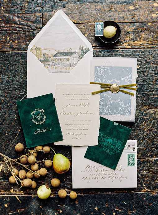 Velvet Forest Green and Gold Foil Wedding / Blackberry Farm