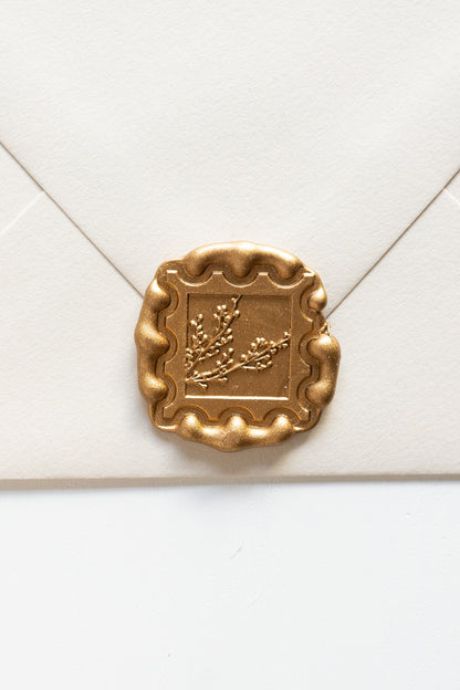 Gold winterberries wax seal on cream envelope, vintage postage stamp inspired design for wedding and holiday mail