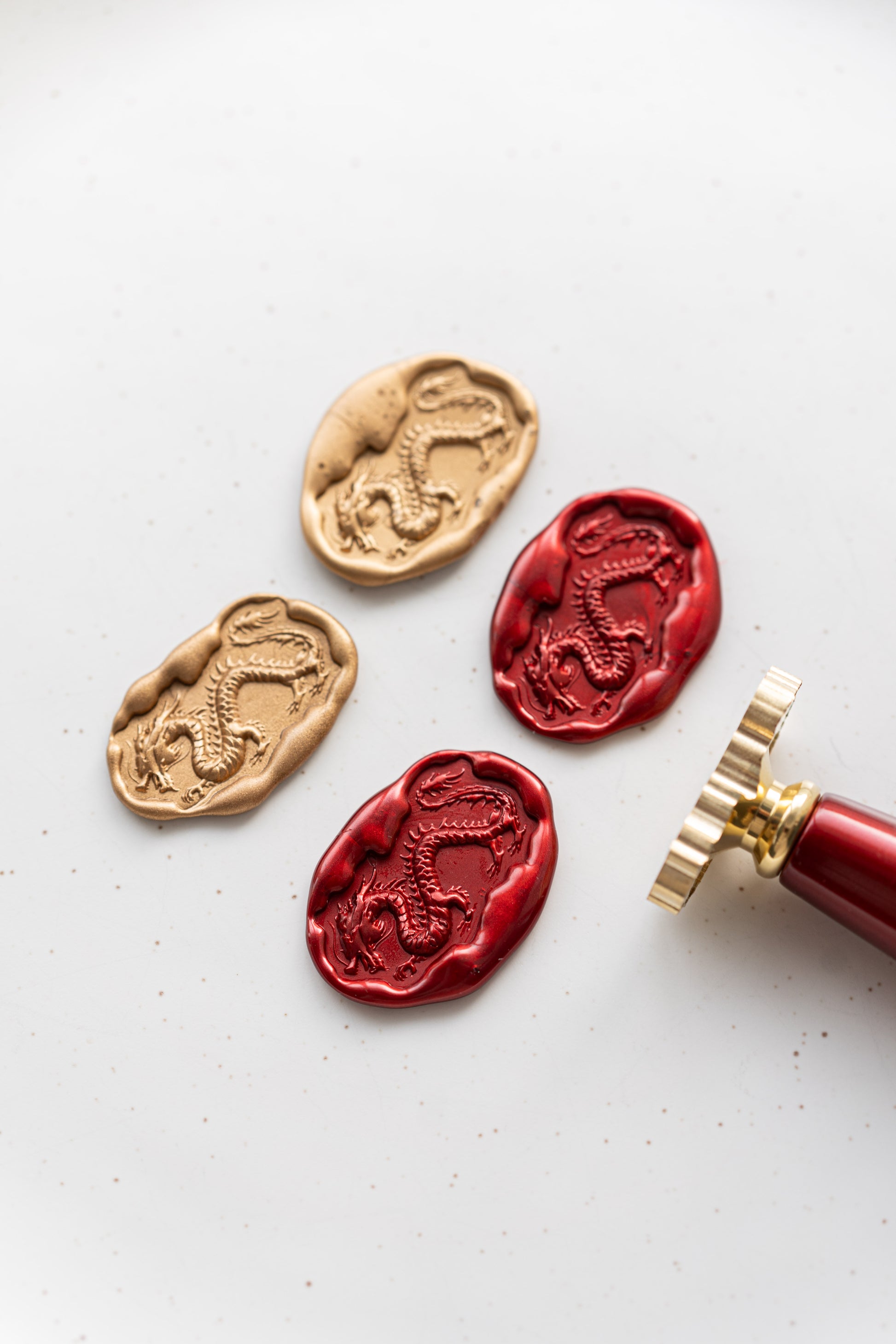 Red and gold dragon wax seals with brass stamp, Lunar New Year wax seal for wedding invitations and stationery