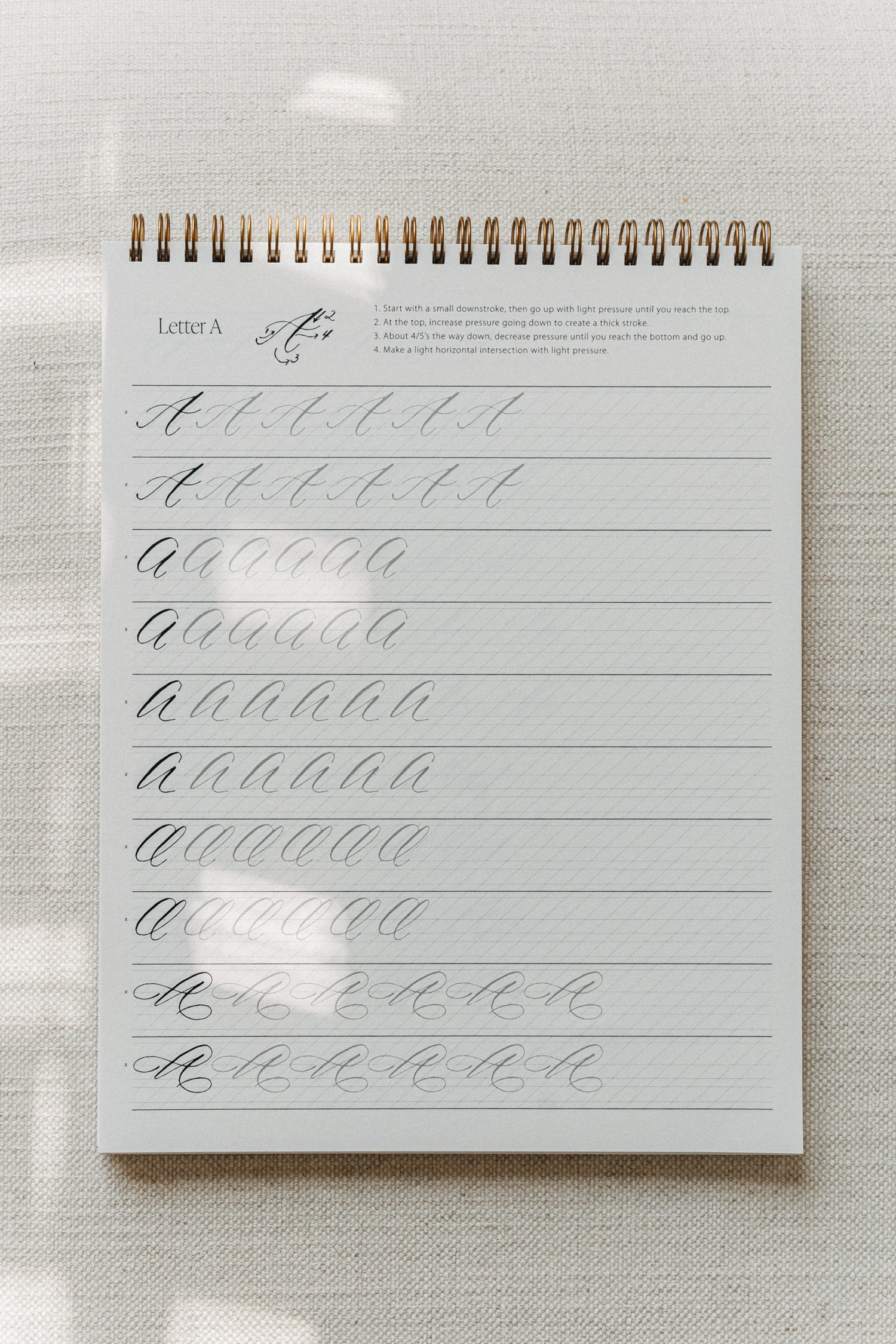 Calligraphy practice sheet featuring instructions and drills for writing the letter 'A' in five uppercase calligraphy styles