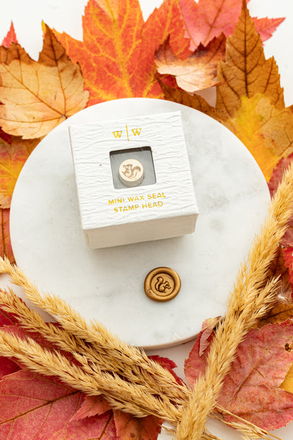 Mini squirrel wax seal stamp head displayed in its white packaging with gold foil lettering, paired with a gold wax seal impression on a marble surface surrounded by autumn leaves and wheat stems.