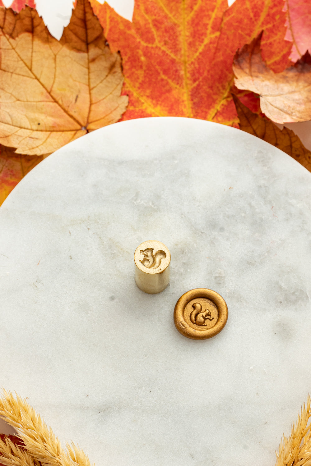 Gold mini wax seal stamp engraved with a squirrel, shown beside its wax impression on a marble surface surrounded by autumn leaves and wheat stems.