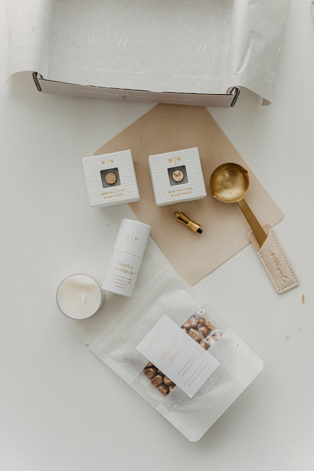 Wax seal supplies set with mini stamps, gold wax beads, brass melting spoon and candle