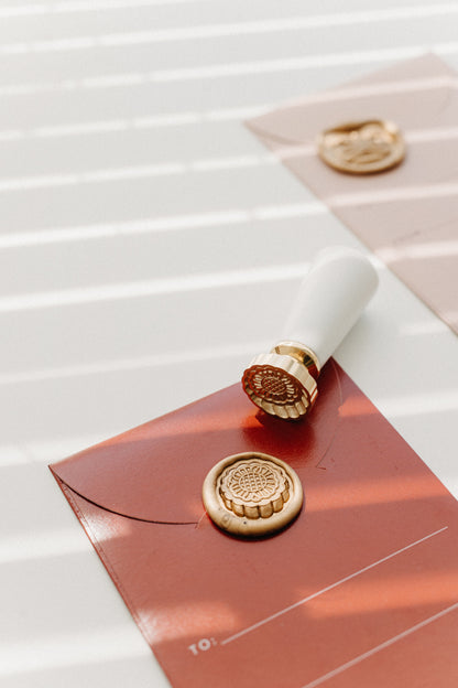 Gold mooncake wax seal stamp with white handle for Mid-Autumn Festival envelopes