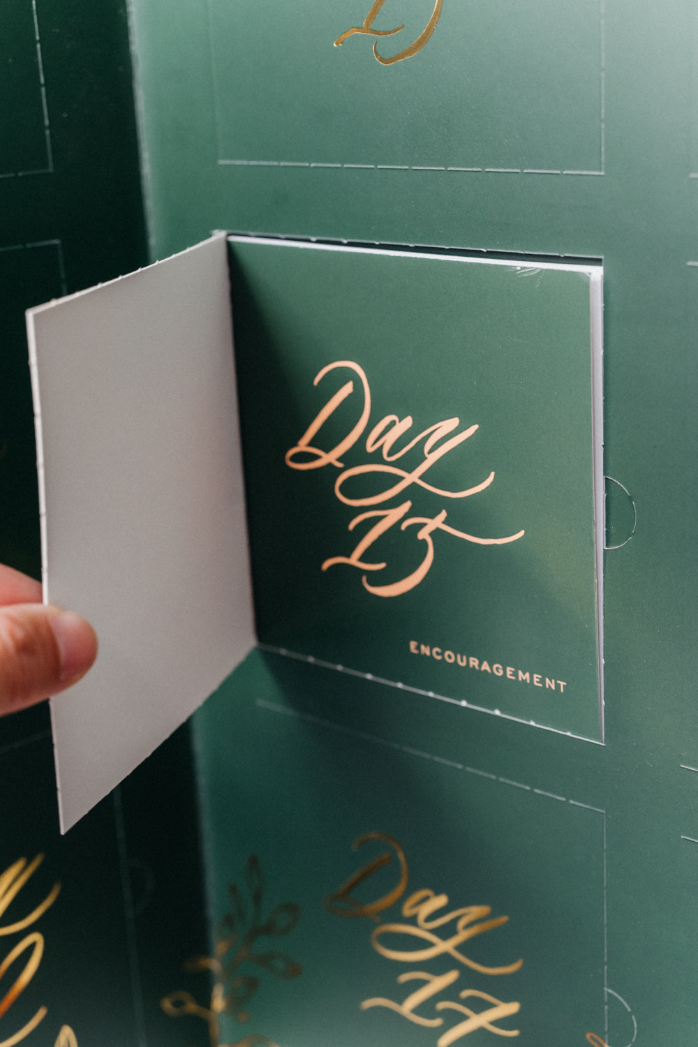 Open Day 23 compartment in a green brush calligraphy Advent calendar, revealing an encouragement card.