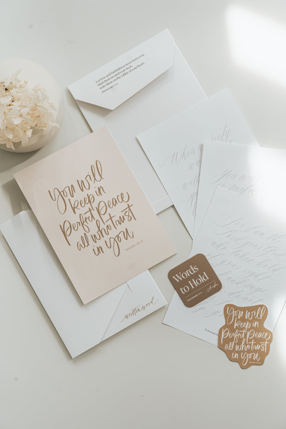 Christian calligraphy stationery set with scripture print, envelope, stickers and practice sheets