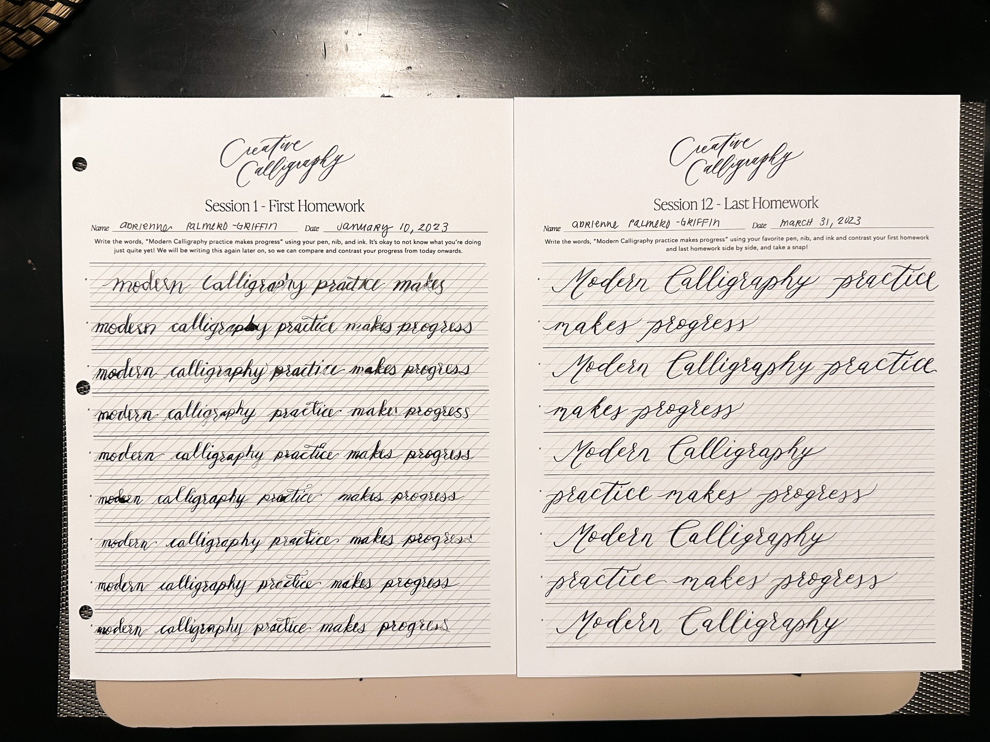 Student calligraphy homework progression from beginner handwriting to elegant modern calligraphy through structured practice.