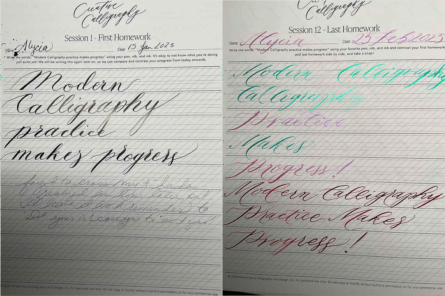 Before and after modern calligraphy worksheets highlighting student improvement in pointed pen lettering and calligraphy practice.