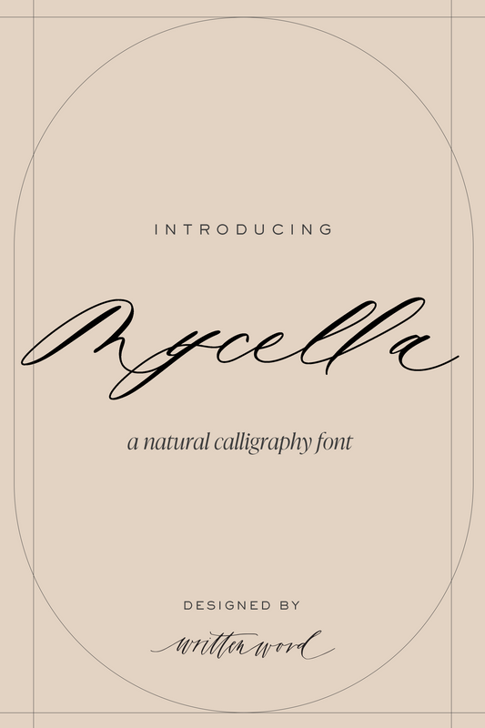 Minimalist beige promotional graphic for Mycella, a natural calligraphy font designed by Written Word, featuring elegant script.