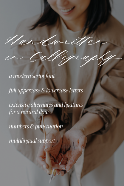 Mycella calligraphy font displayed over a woman holding an ink-stained calligraphy pen, highlighting its script style and features