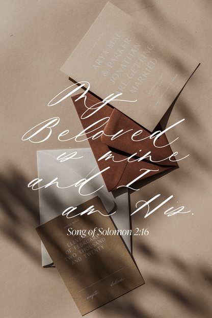 Elegant wedding stationery with neutral tones and calligraphy overlay reading 'My Beloved is mine and I am His. Song of Solomon 2:16.