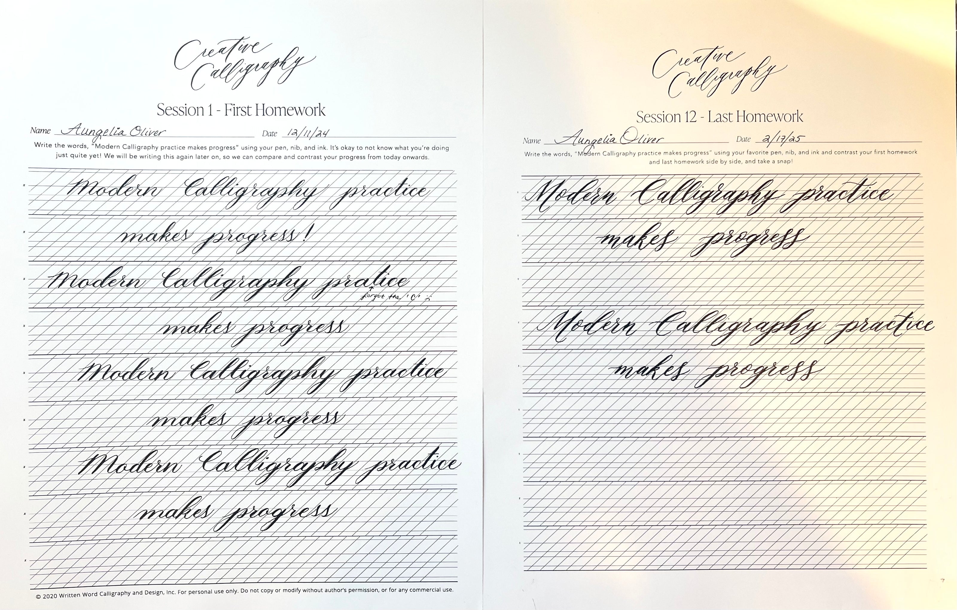 Creative Calligraphy student homework comparison showing lettering progress from first lesson to final lesson in a calligraphy course.