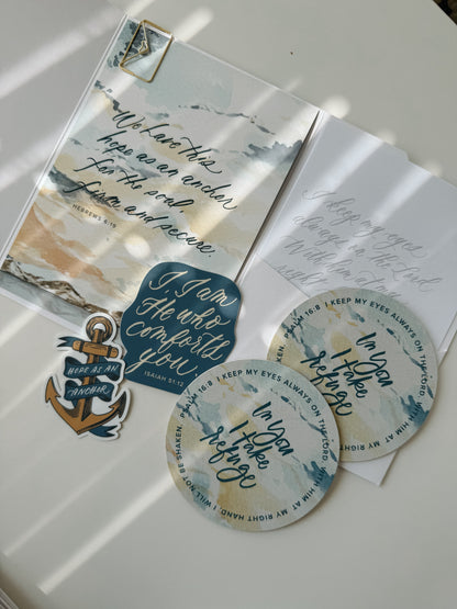 Scribe snail mail September archive in natural light with Hebrews 6:19 watercolor card, In You I Take Refuge Psalm 16:8 coasters and Hope as an Anchor sticker