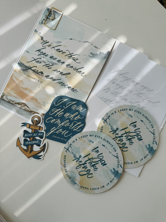 Scribe snail mail September archive in natural light with Hebrews 6:19 watercolor card, In You I Take Refuge Psalm 16:8 coasters and Hope as an Anchor sticker