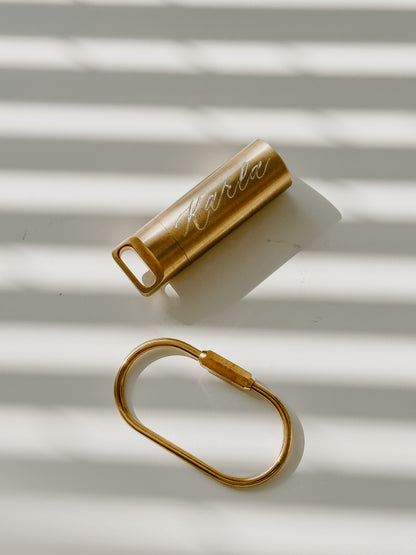 Custom engraved brass nib holder featuring handwritten calligraphy name personalization, unique gift for photographers, creatives, business owners, and wedding keepsakes.