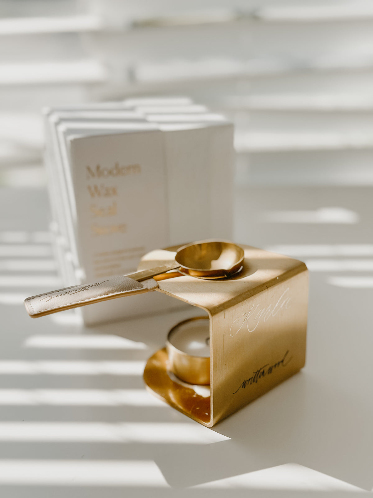 Custom engraved brass wax seal stove and spoon with personalized calligraphy name, luxury wax sealing tool for wedding invitations, handmade stationery, letter writing, and creative gifting.
