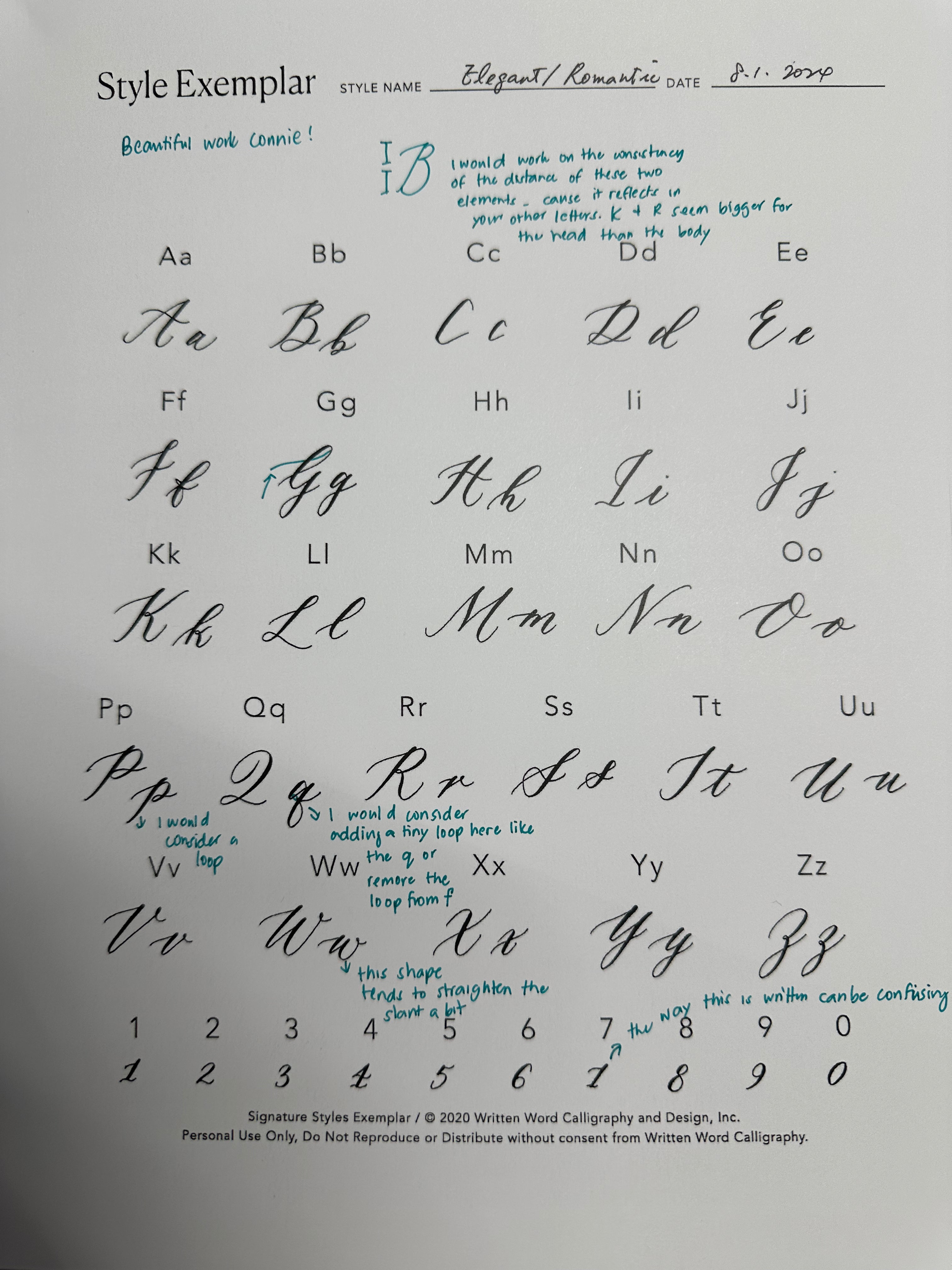 Modern calligraphy style exemplar assessment worksheet with instructor feedback, showcasing pointed pen lettering practice and progress.