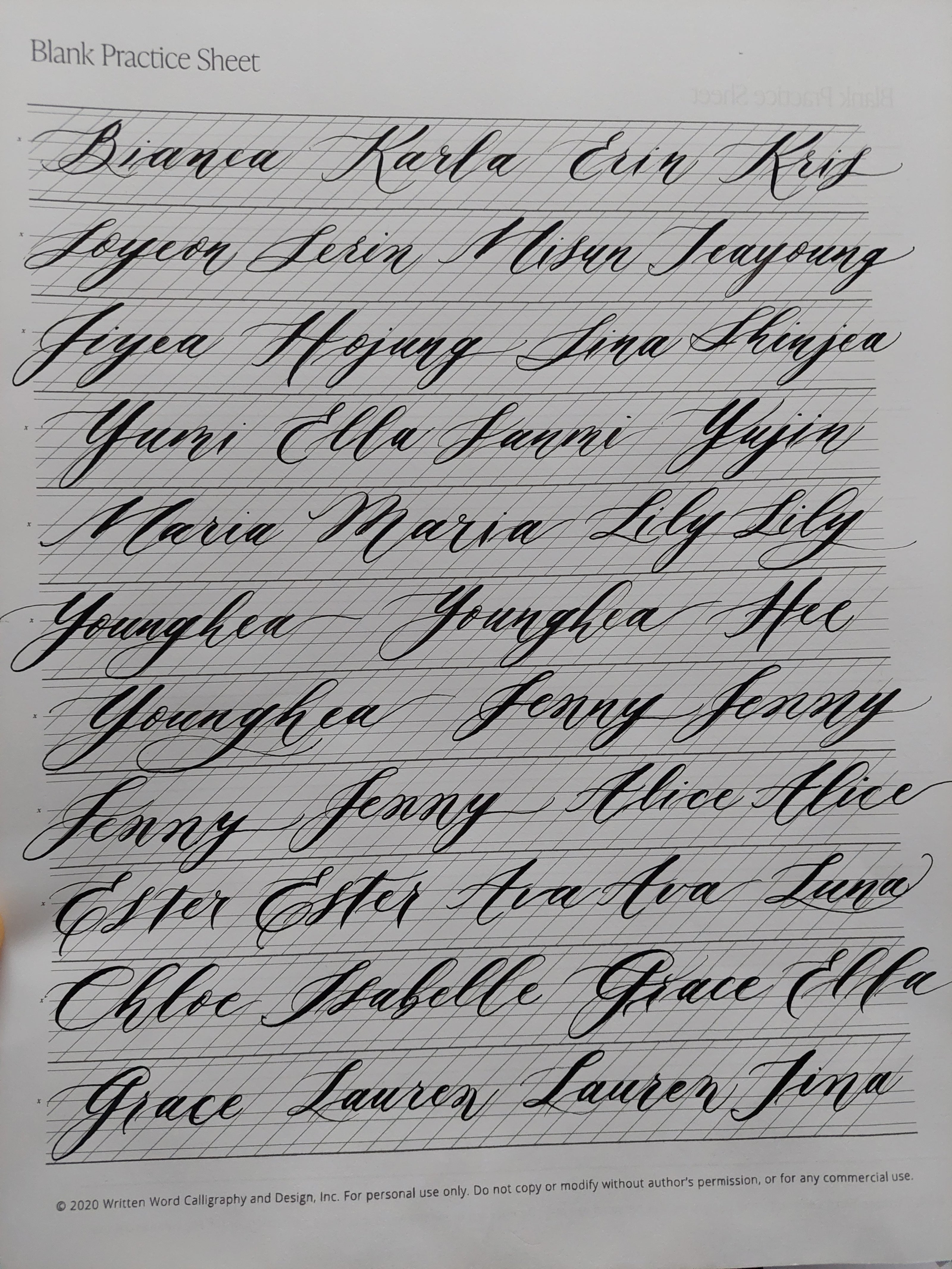 Modern calligraphy name practice worksheet featuring pointed pen lettering exercises and personalized calligraphy practice.