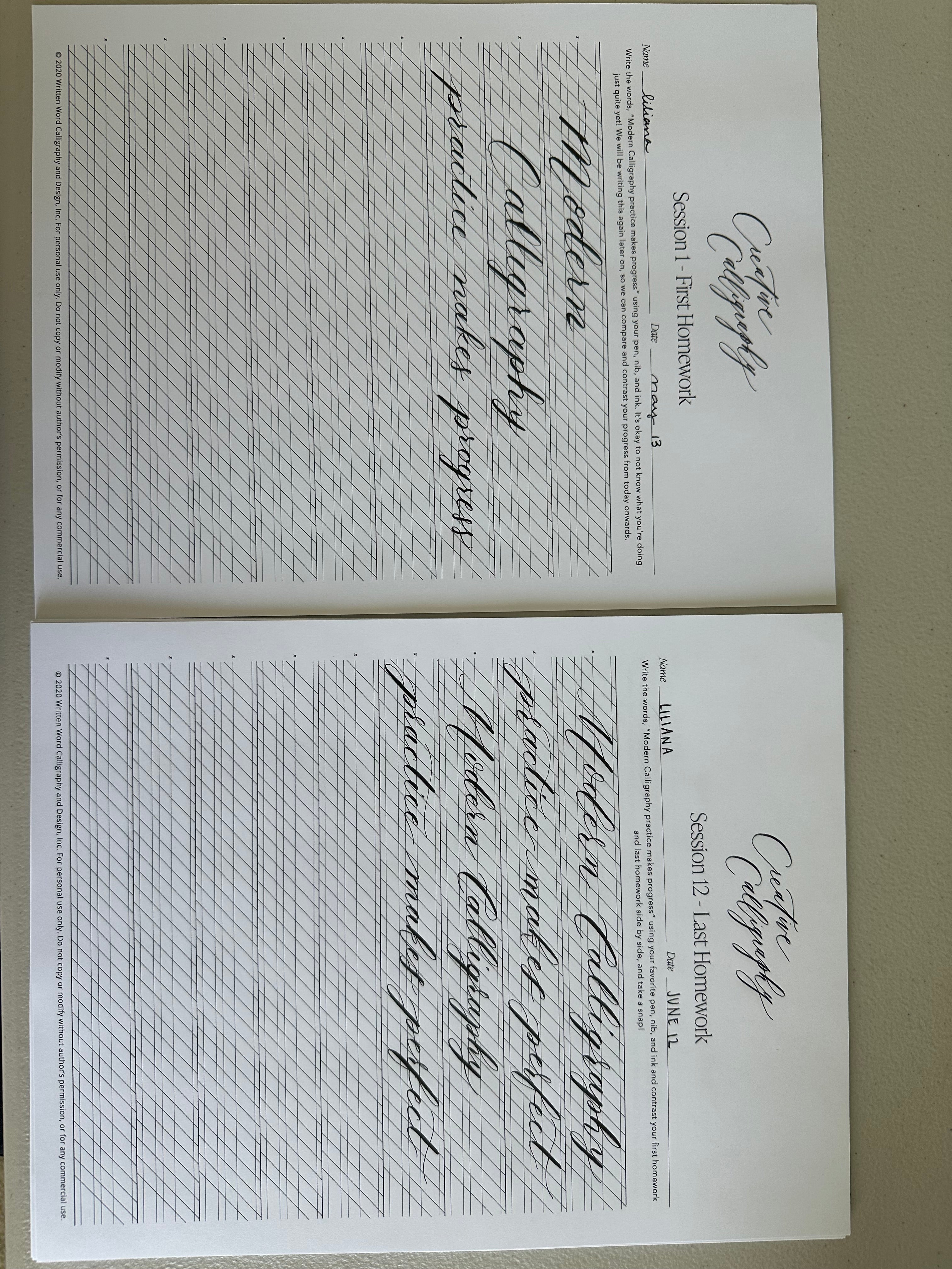 Creative Calligraphy student homework comparison showing improvement from first lesson to final lesson in a modern calligraphy course.