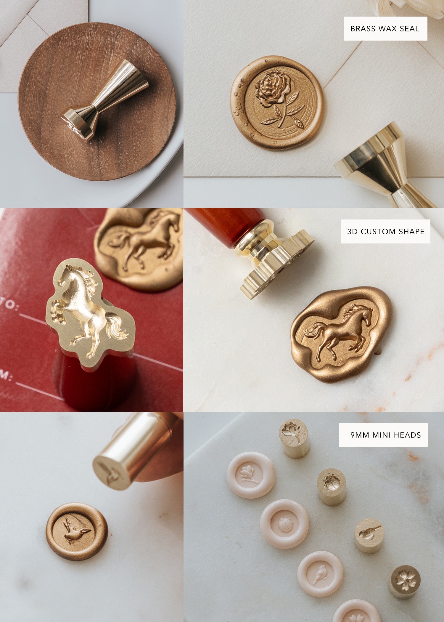 Comparison of brass wax seal stamps, custom 3D wax seal stamp designs, 9mm mini wax seal heads, and finished wax seals for custom stationery, wedding invitations, and creative paper crafts.