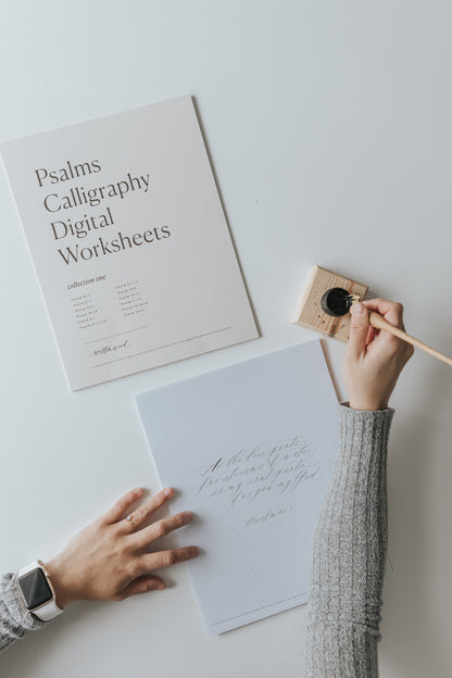 Psalms calligraphy digital worksheets with dip pen, ink and practice sheet for lettering practice