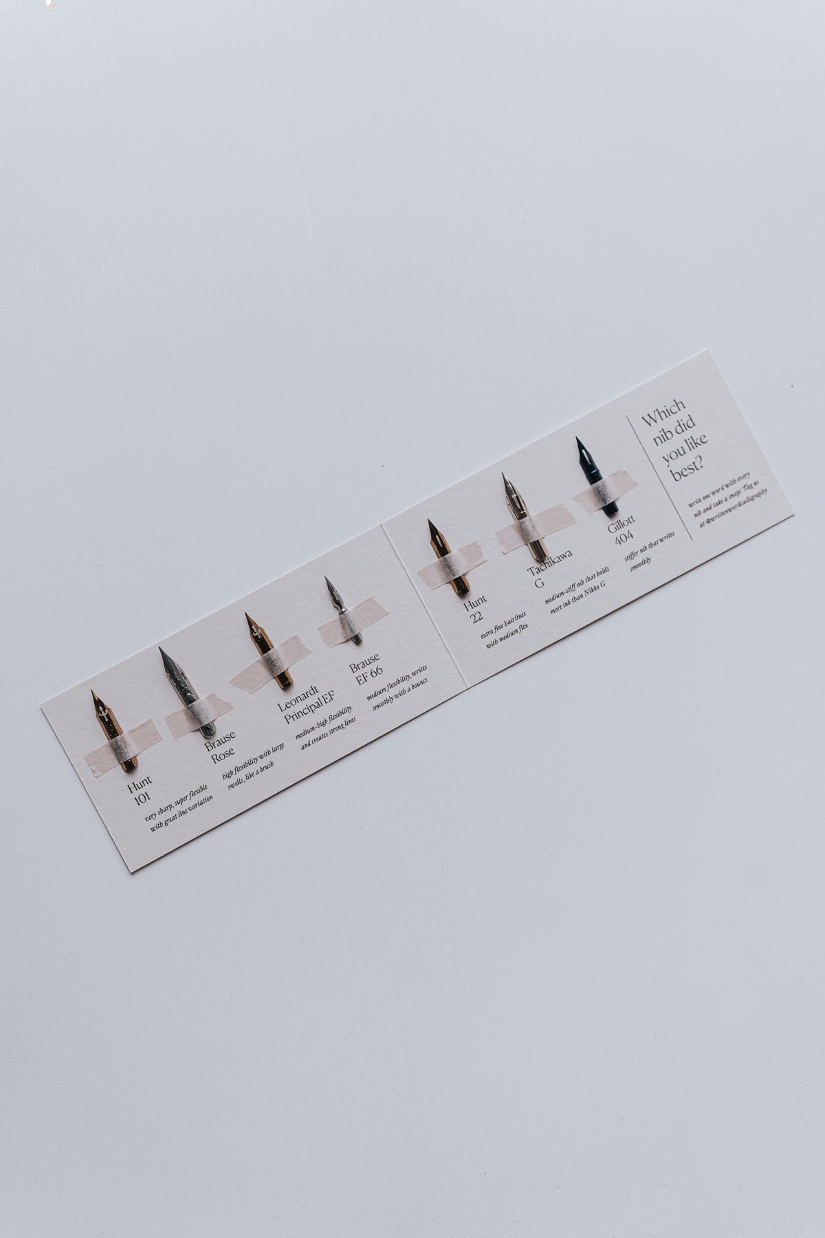 A selection of 7 calligraphy nibs in a booklet, with each nib labeled and positioned with tape