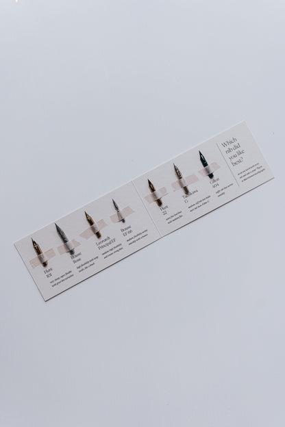 A selection of 7 calligraphy nibs in a booklet, with each nib labeled and positioned with tape