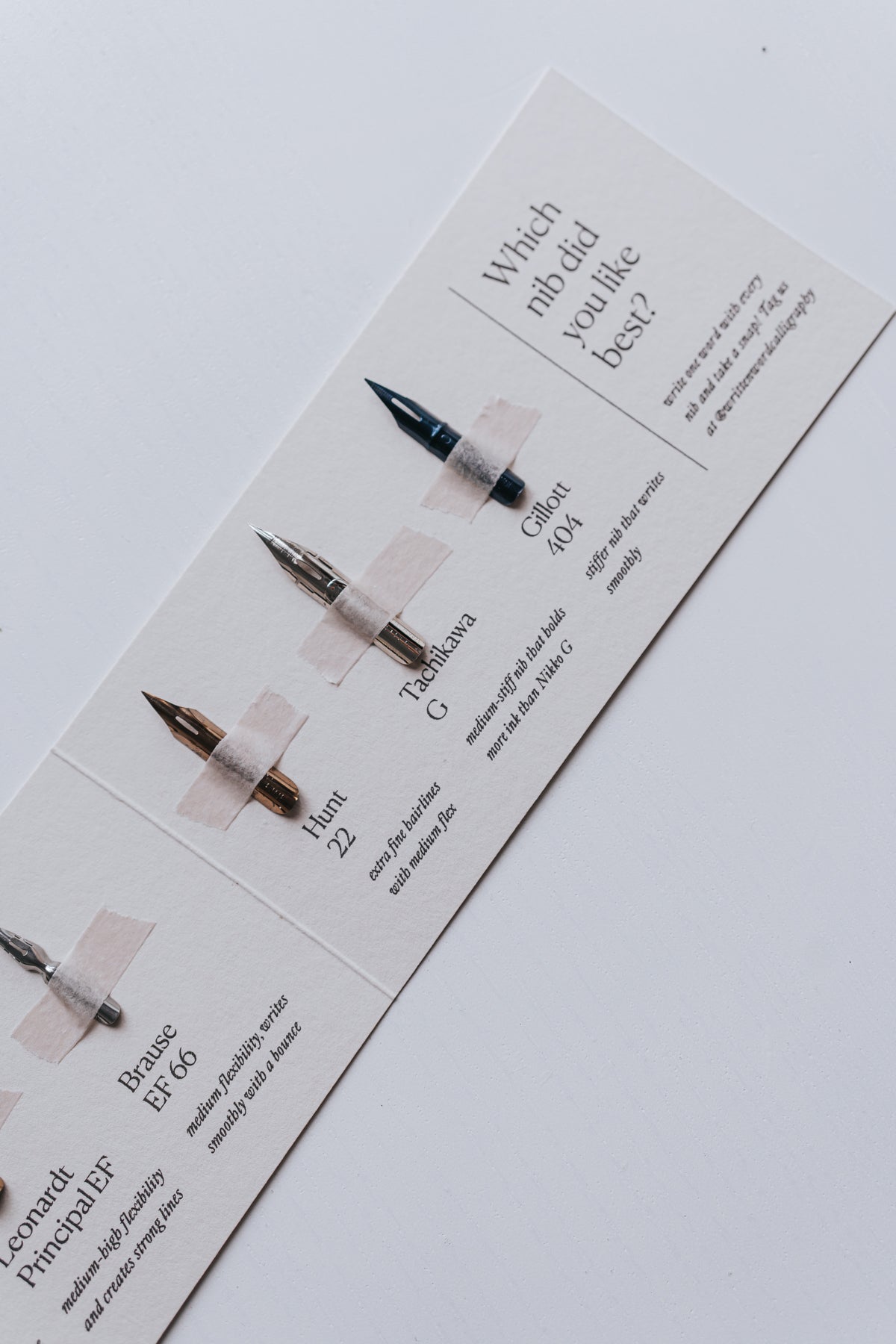 A selection of calligraphy nibs: Hunt 22, Brause EF 66, Tachikawa G, and Gillott 404 with descriptions.