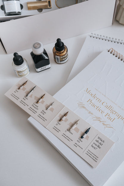 Calligraphy inks, nib sampler, and Modern Calligraphy Practice Pad to start your writing journey