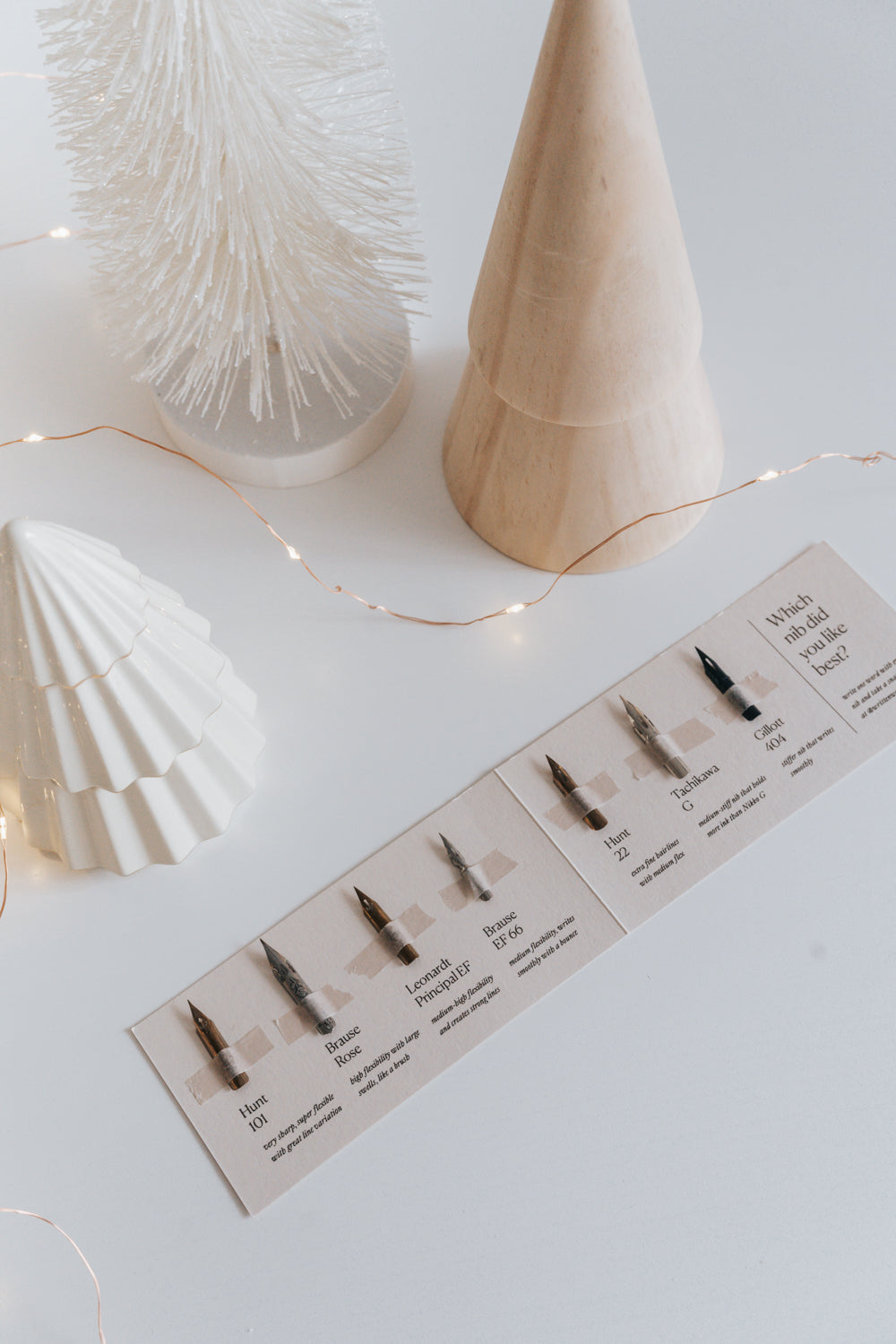 A selection of calligraphy nibs, including Hunt 101, Brause Rose, and others with descriptions