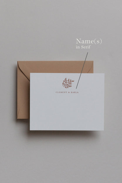Personalized stationery card and envelope with botanical design in soft neutral tones
