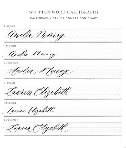 Calligraphy styles comparison chart with modern script lettering examples and slanted guidelines