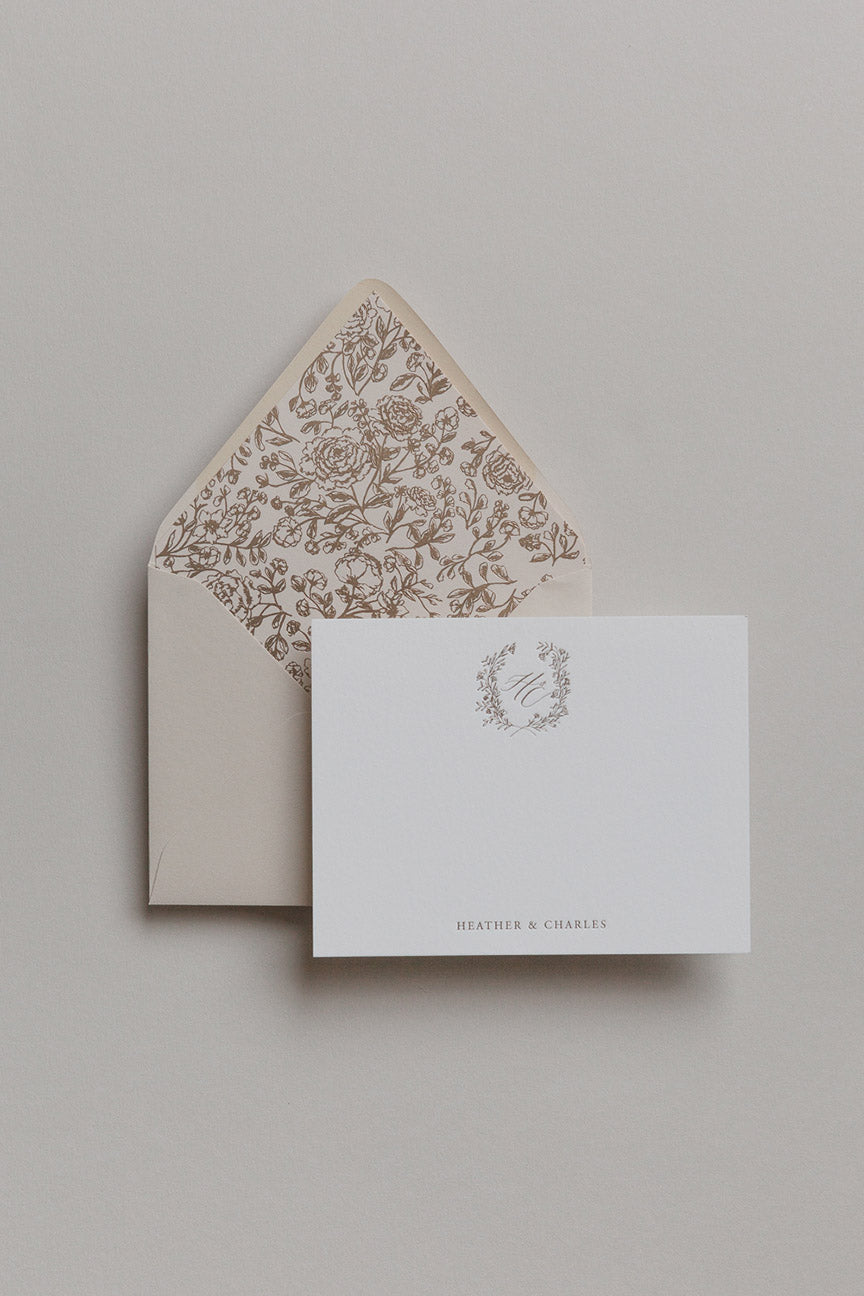 Custom stationery set with floral envelope liner and gold foil monogram card