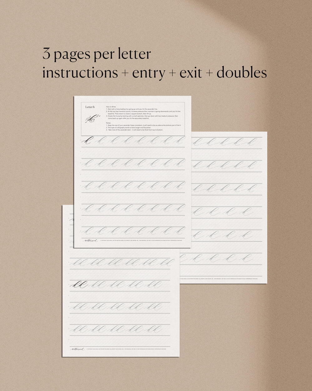 Lowercase calligraphy worksheets with instructions entry exit strokes and practice lines