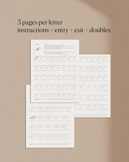 Lowercase calligraphy worksheets with instructions entry exit strokes and practice lines