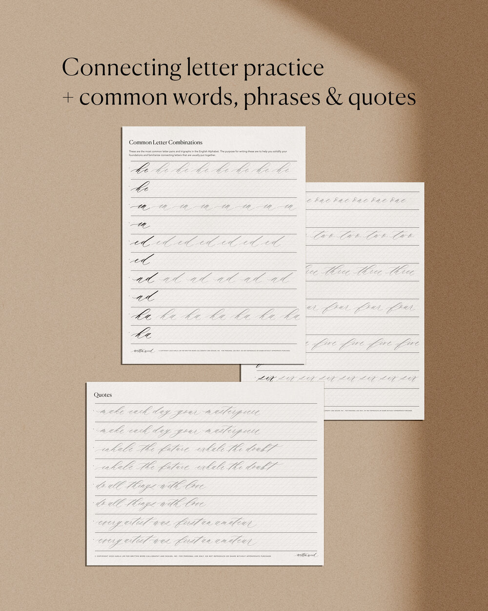 Calligraphy worksheets with connecting letters words phrases and quote practice