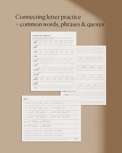Calligraphy worksheets with connecting letters words phrases and quote practice