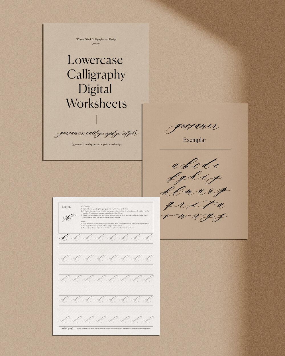 Lowercase calligraphy digital worksheets set with practice sheets and alphabet exemplar