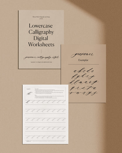 Lowercase calligraphy digital worksheets set with practice sheets and alphabet exemplar