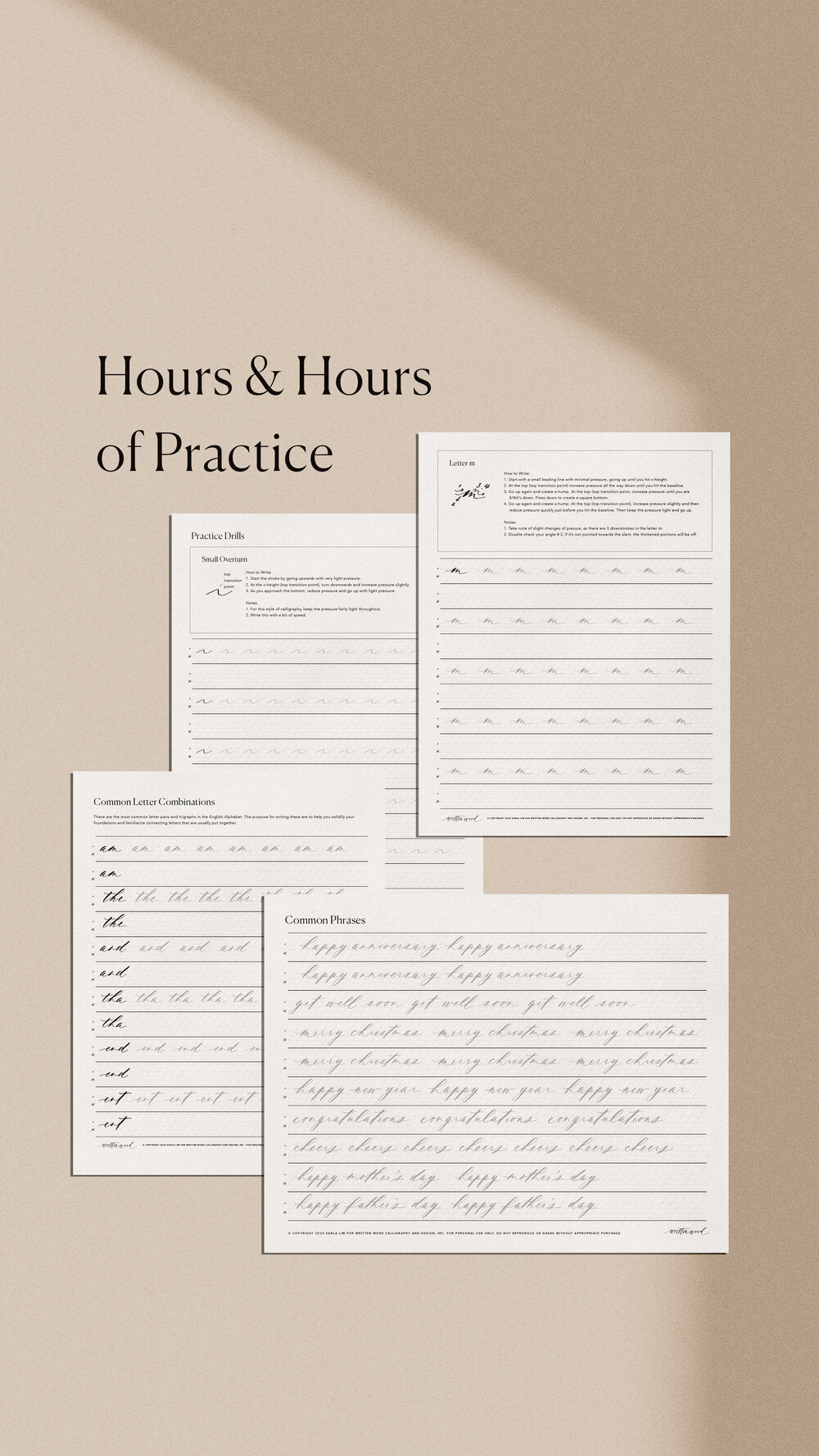 Calligraphy practice worksheets with drills, letter combinations, and common phrases for skill building