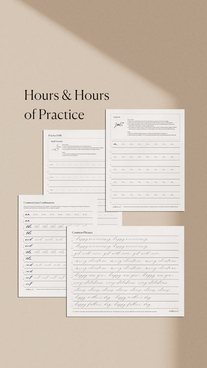 Calligraphy practice worksheets with drills, letter combinations, and common phrases for skill building