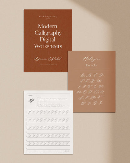 Uppercase calligraphy worksheets with Halcyon style exemplar and practice sheets for lettering