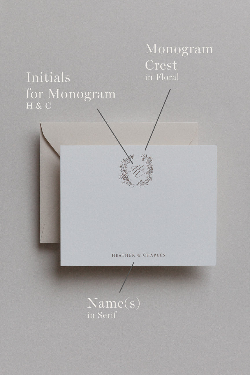 Personalized stationery with monogram crest, initials, and serif names in minimalist layout
