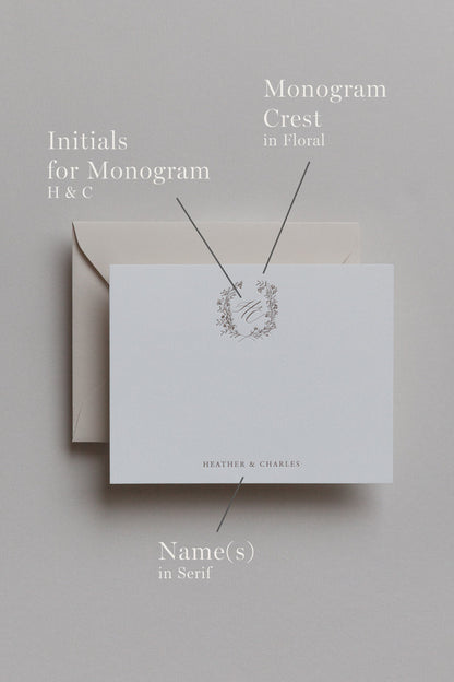 Personalized stationery with monogram crest, initials, and serif names in minimalist layout
