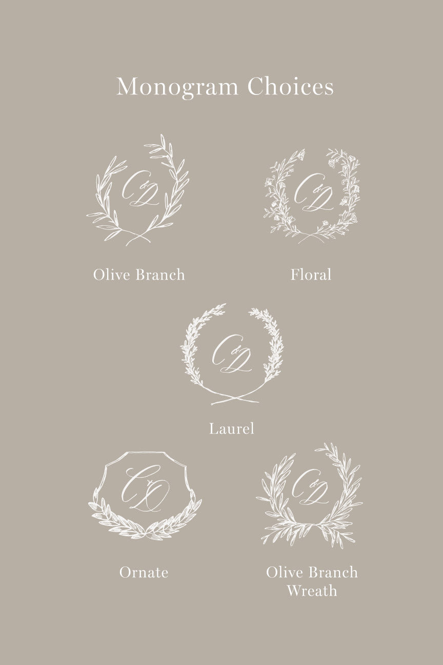 Monogram design options with olive branch, floral, laurel, and ornate wedding stationery styles